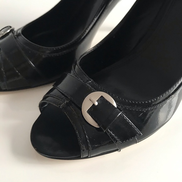 Enzo Angiolini Eamurray Patent Leather Silver Buckle Black Open Toe Pumps Shoes - Picture 11 of 16
